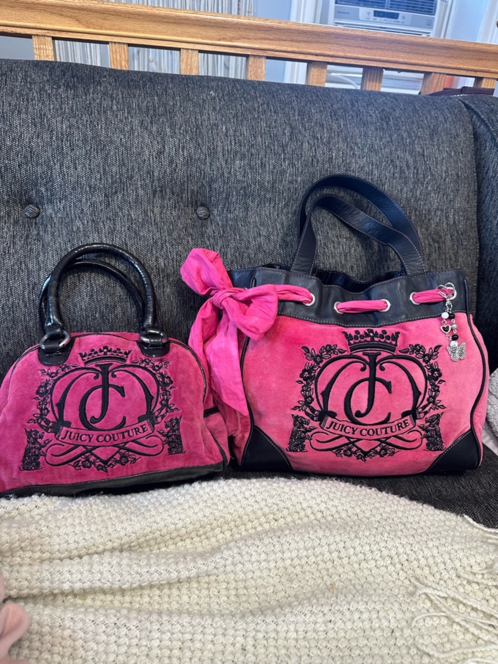 Juicy Couture Hot Pink Suede Tote and Satchel Set with Black Trim